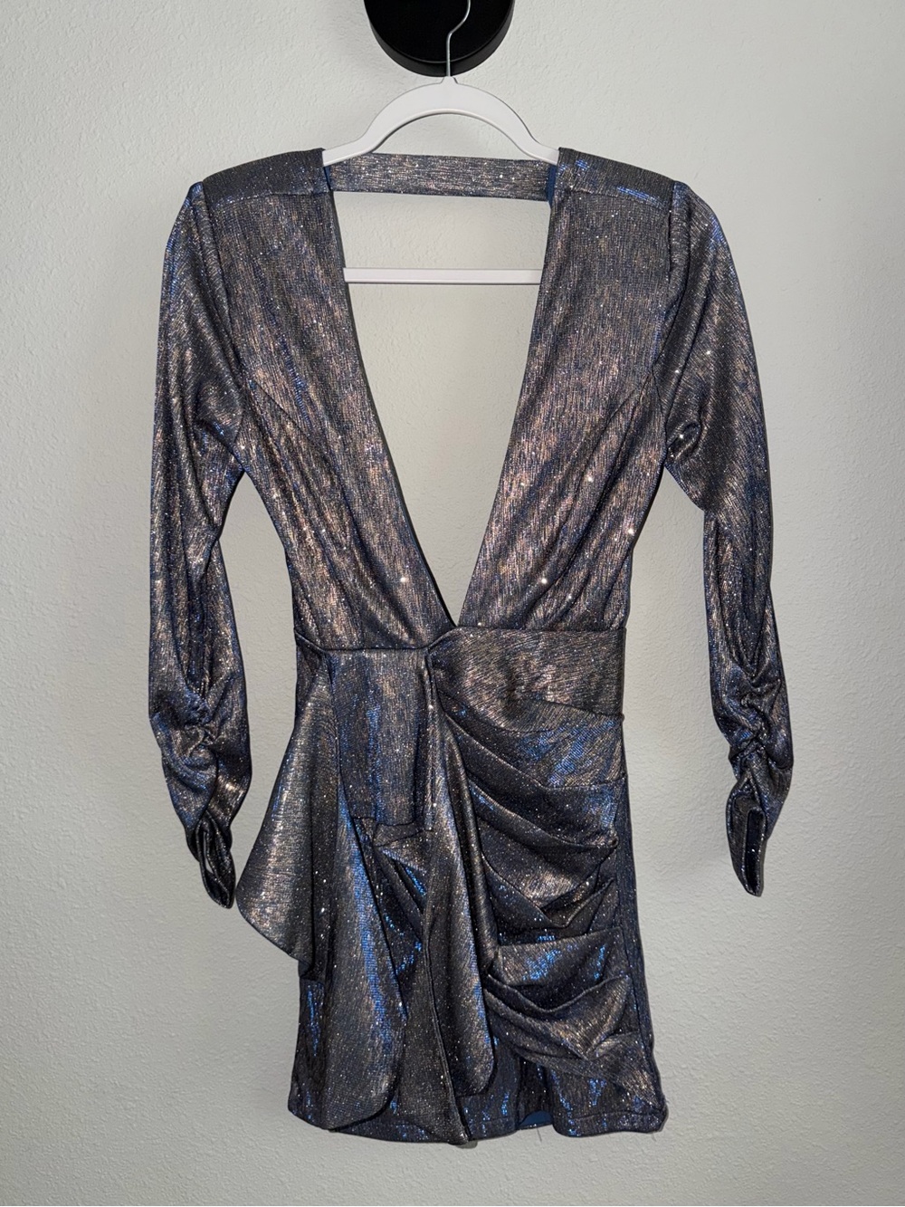 Luxxel Blue Rose Gold Metallic Deep V-Neck Dress